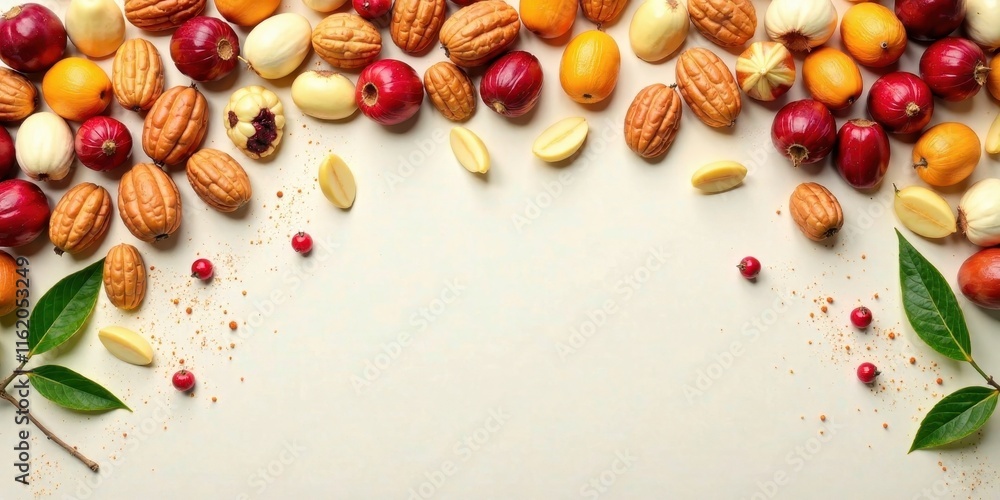 A Bountiful Harvest Vibrant Autumnal Fruits and Nuts Arranged Artistically on a Soft Background A Bountiful Harvest Vibrant Autumnal Fruits and Nuts Arranged Artistically on a Soft Background