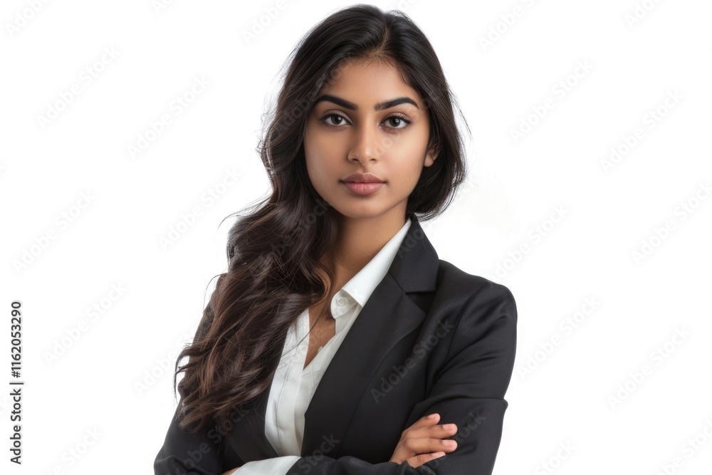 Full length portrait of attractive Indian businesswoman arms folded isolated on white background Full length portrait of attractive Indian businesswoman arms folded isolated on white background