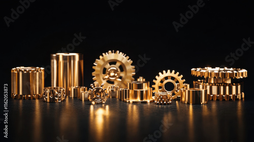 A minimalistic composition featuring golden metallic gears intricately assembled against a sleek black background, glowing softly with ambient lighting, emphasizing a balance between industrial precis photo