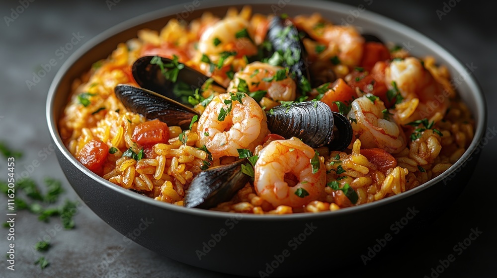 Delicious seafood paella with shrimp, mussels, and rice in a bowl. Delicious seafood paella with shrimp, mussels, and rice in a bowl.