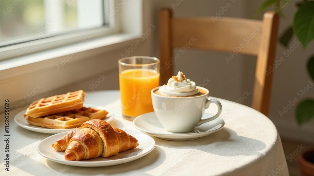 A delightful breakfast scene featuring a golden croissant, fluffy waffles, a creamy coffee beverage, and a glass of refreshing orange juice, bathed in warm sunlight near a window. A delightful breakfast scene featuring a golden croissant, fluffy waffles, a creamy coffee beverage, and a glass of refreshing orange juice, bathed in warm sunlight near a window.