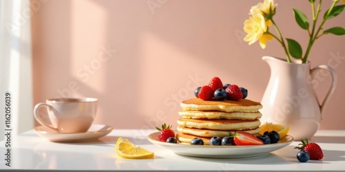 Wallpaper Mural A delightful stack of fluffy pancakes, adorned with fresh berries and a lemon slice, sits on a table beside a delicate teacup, bathed in soft sunlight. Torontodigital.ca