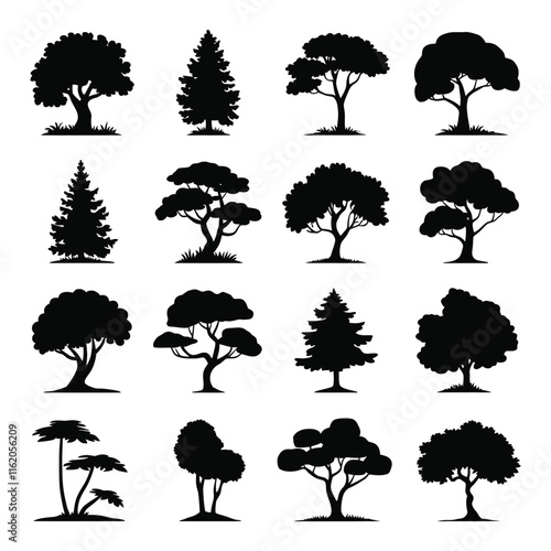 Big set of tree silhouettes. Trees of different natural zones, vector illustration.