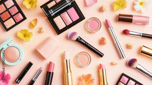 Inclusive cosmetics pattern background concept. Cosmetic products arranged with flowers on a pink background.