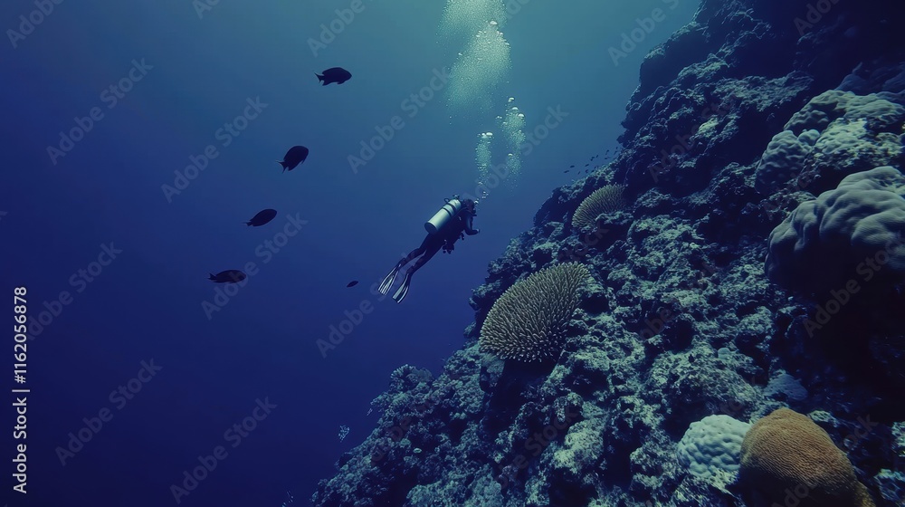 Fototapeta premium A man is diving into the ocean with a group of fish swimming around him