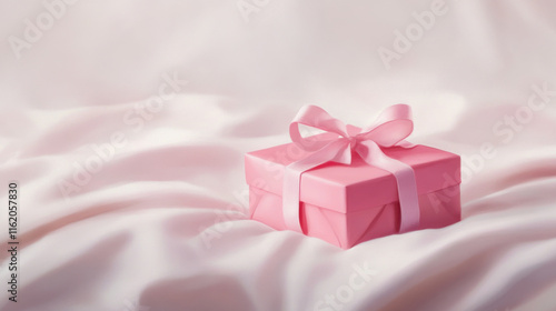 Valentine day celebration concept. pink gift box with ribbon on soft white fabric, creating delicate and elegant mood