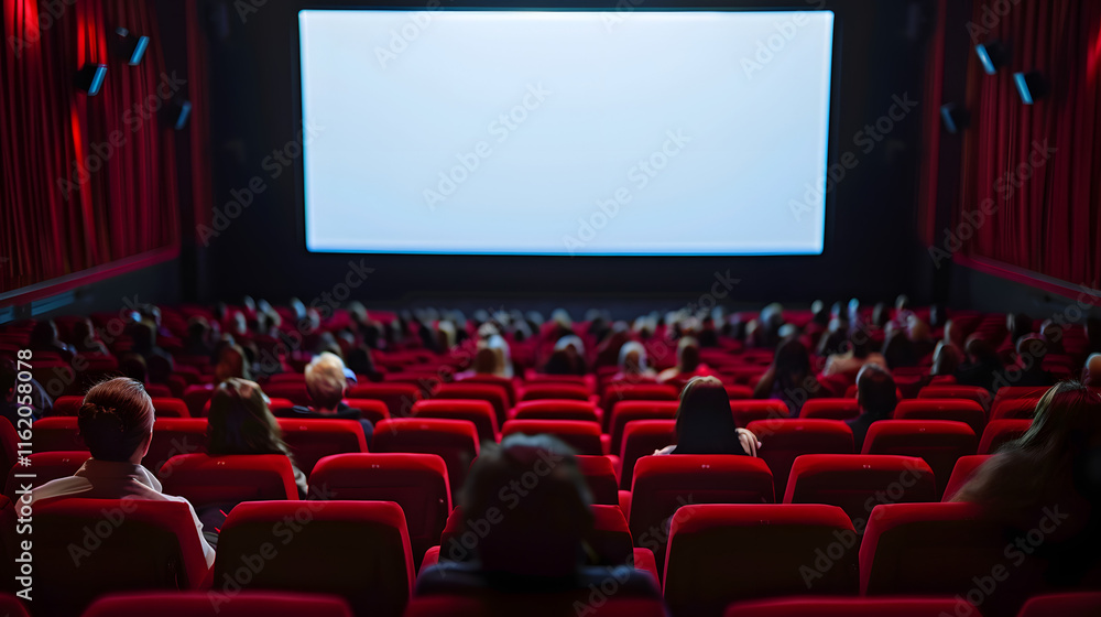 A movie theater showcases a large empty screen with audience A movie theater showcases a large empty screen with audience