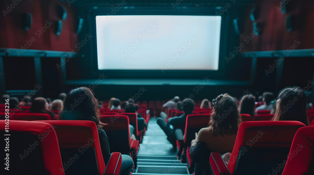A movie theater showcases a large empty screen with audience A movie theater showcases a large empty screen with audience