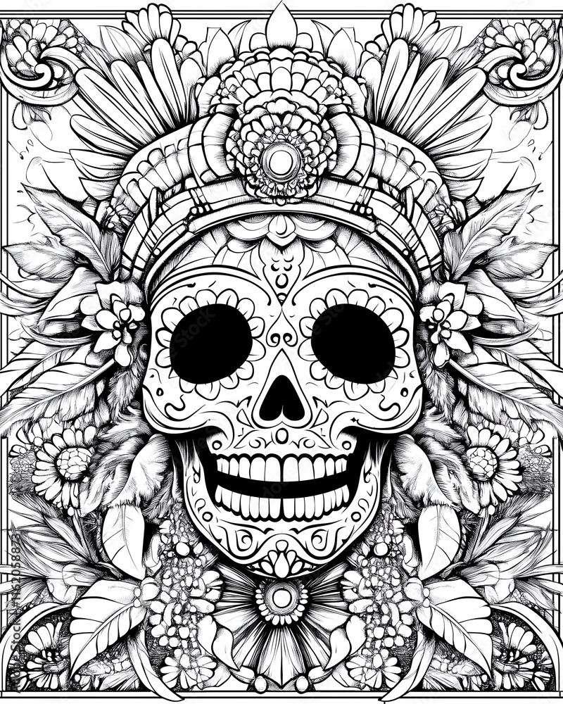 A colorful drawing of a skull with flowers and leaves surrounding it. The skull has a smiling expression and is surrounded by a vibrant and lively scene A colorful drawing of a skull with flowers and leaves surrounding it. The skull has a smiling expression and is surrounded by a vibrant and lively scene