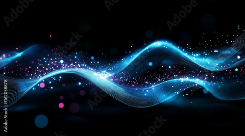 Black background with intricate white dot wave resembling digital sound waves or data flow. Dense patterns fade ethereally, creating depth and a sense of infinite movement