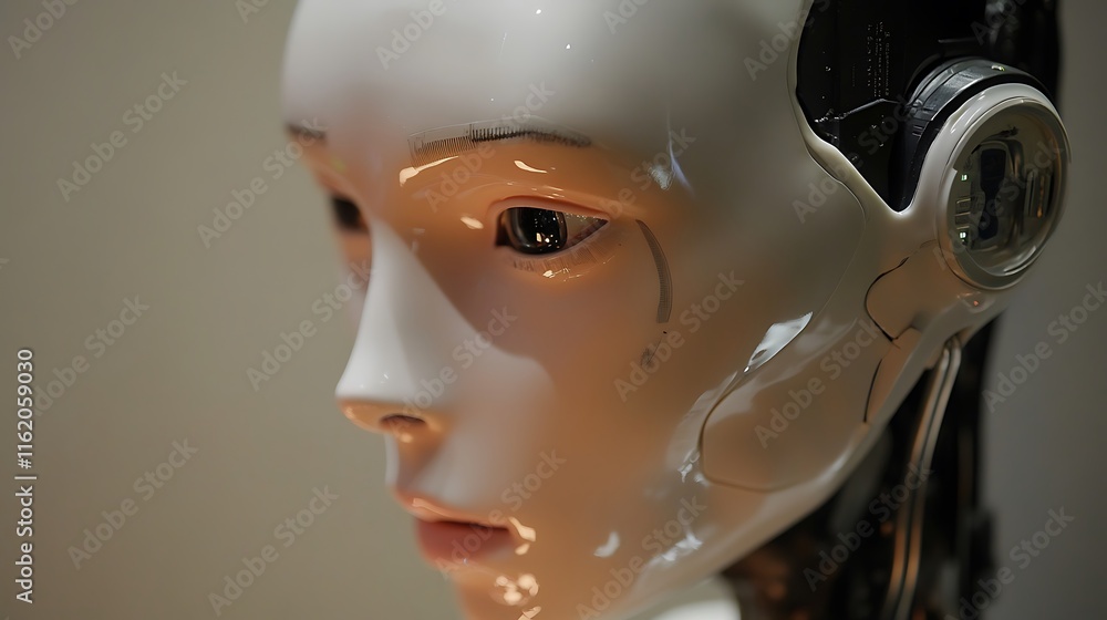 Close-up of a Realistic Humanoid Robot Head Close-up of a Realistic Humanoid Robot Head