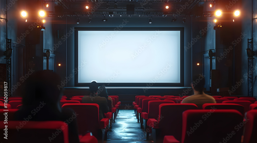 A movie theater showcases a large empty screen with audience A movie theater showcases a large empty screen with audience