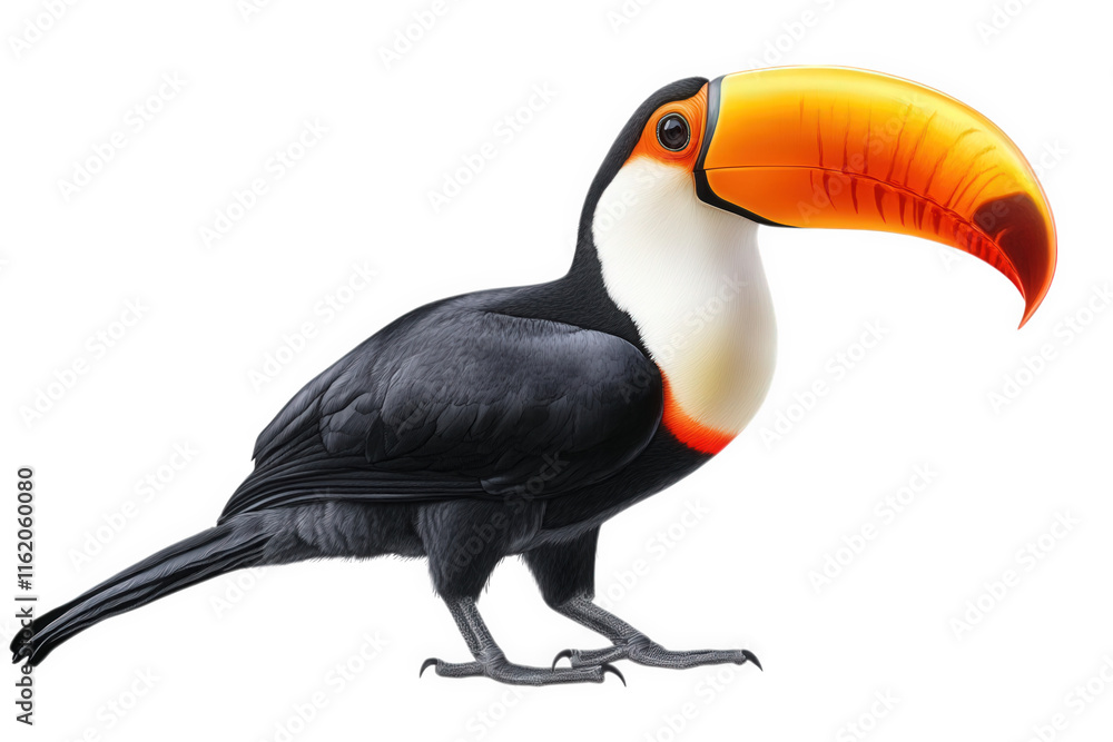 Naklejka premium a toucan with a large. colorful beak stands on a transparent background its black feathers and white throat are clearly visible the beak is a vibrant orange and yellow. with a red tip