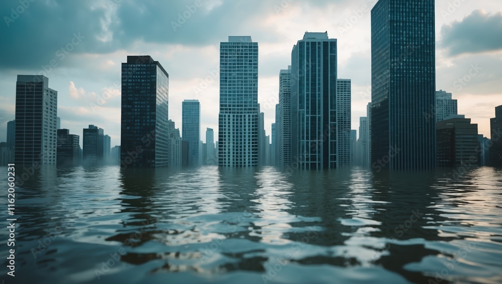 Fototapeta premium Flooded urban landscape with submerged skyscrapers