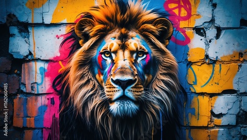 Vibrant Lion Portrait with Graffiti Background