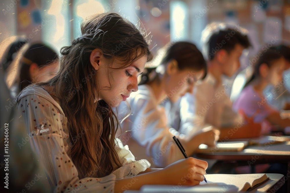 Students taking admission test in university classroom for World Literacy Day. Students taking admission test in university classroom for World Literacy Day.