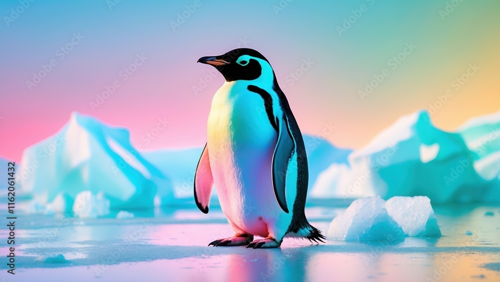 Fototapeta premium Vibrant Penguin on Icy Surface with Colorful Icebergs