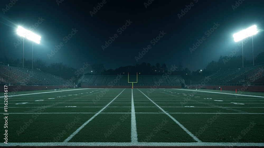 Empty Football Field, Wide Open Space with Well-Maintained Grass, Goalposts at Both Ends, Clear Sky Above, Calm and Quiet Stadium Setting, Perfect for Sports, Athletics, and Outdoor Recreation Themes Empty Football Field, Wide Open Space with Well-Maintained Grass, Goalposts at Both Ends, Clear Sky Above, Calm and Quiet Stadium Setting, Perfect for Sports, Athletics, and Outdoor Recreation Themes