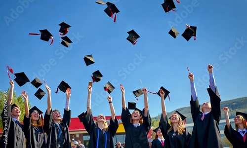 Joyful graduation ceremony with excited graduates tossing caps in the air under a clear blue sky, celebrating their academic achievements on a bright sunny day.