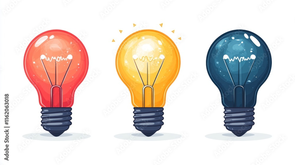 Three colorful light bulbs; red, yellow, blue. Three colorful light bulbs; red, yellow, blue.