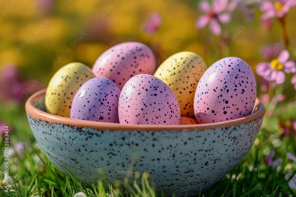 Colorful speckled eggs in a bowl amidst blooming flowers during springtime Colorful speckled eggs in a bowl amidst blooming flowers during springtime
