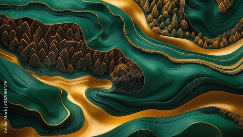 Emerald Green Abstract Landscape with Golden Lines photo