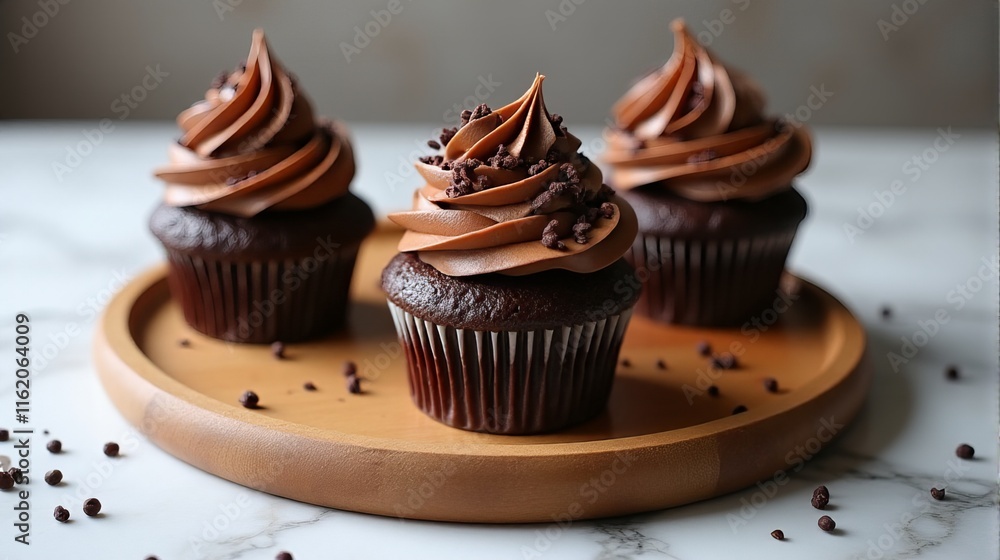 Three Beautifully Decorated Chocolate Cupcakes Placed on a Wooden Tray. Three Beautifully Decorated Chocolate Cupcakes Placed on a Wooden Tray.