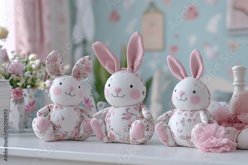 Cute decorative bunnies in a cozy pastel-themed children's room with floral accents and soft lighting photo