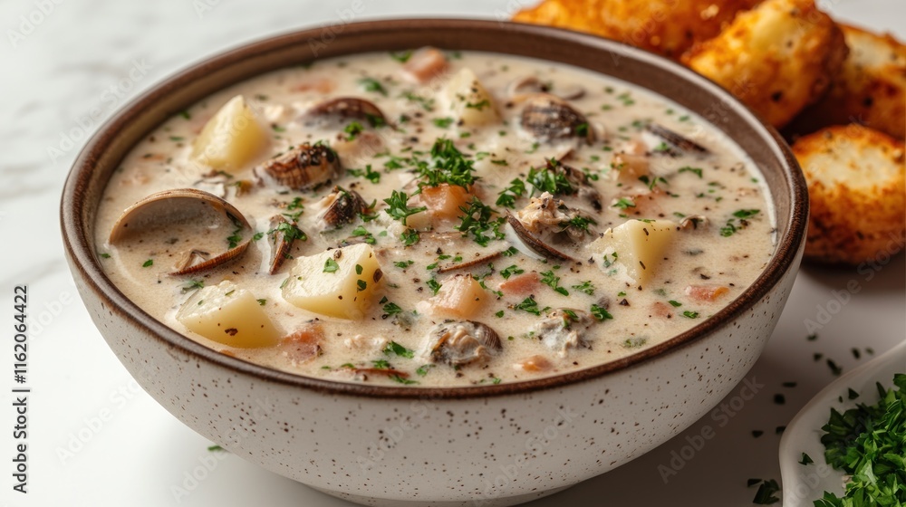 Creamy clam chowder in bowl with bread. Creamy clam chowder in bowl with bread.