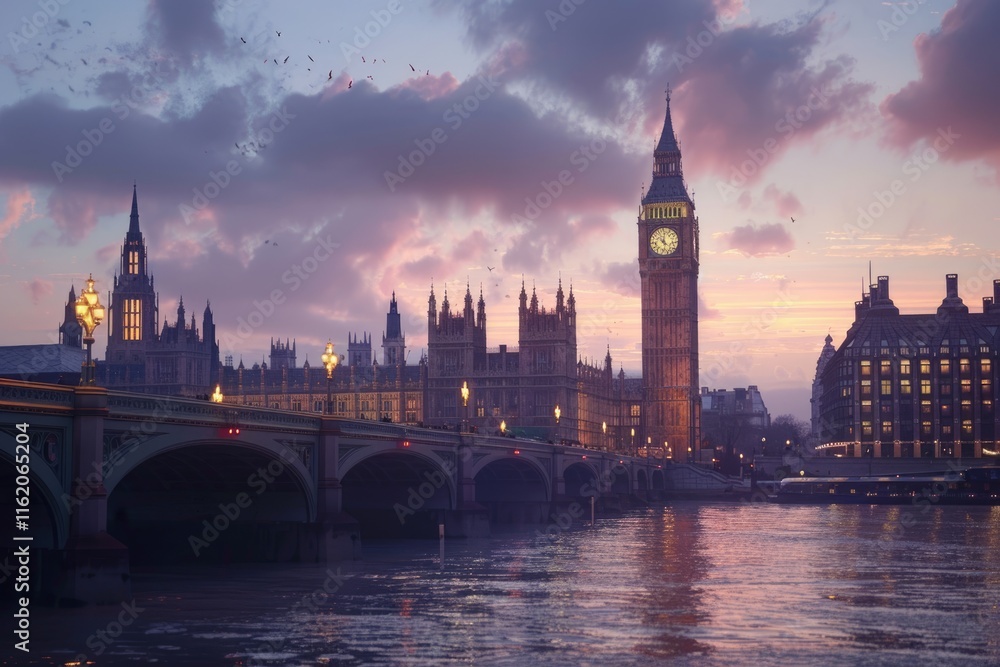 Naklejka premium Big Ben and westminster bridge at dusk in London