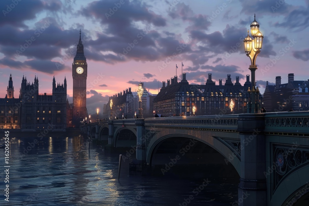 Naklejka premium Big Ben and westminster bridge at dusk in London