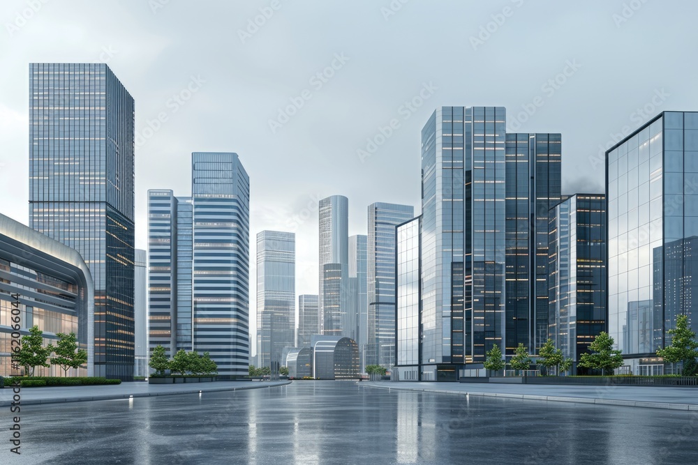 Modern city skyline with contemporary skyscrapers against grey sky. Modern city skyline with contemporary skyscrapers against grey sky.