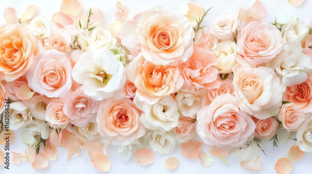 Soft Peach and Cream Roses with Petals on White Background Soft Peach and Cream Roses with Petals on White Background