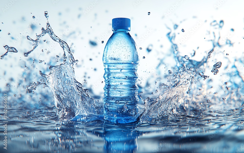 A dynamic scene of a plastic water bottle with a blue cap, surrounded by splashes of water, on a white background, showcasing freshness and vitality A dynamic scene of a plastic water bottle with a blue cap, surrounded by splashes of water, on a white background, showcasing freshness and vitality