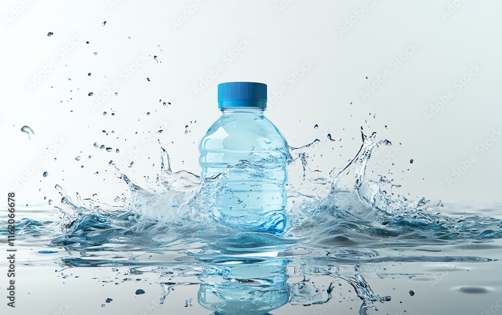 A dynamic scene of a plastic water bottle with a blue cap, surrounded by splashes of water, on a white background, showcasing freshness and vitality A dynamic scene of a plastic water bottle with a blue cap, surrounded by splashes of water, on a white background, showcasing freshness and vitality