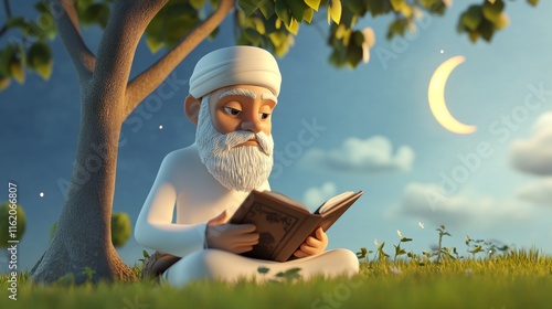 3D Cartoon of Wise Elderly Muslim Man Reading Quran Under Tree photo