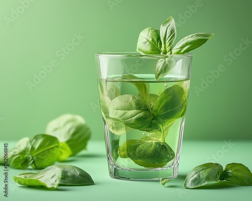 A glass of basilinfused water with fresh leaves, placed on a gentle light green background, showcasing natural hydration and wellness photo