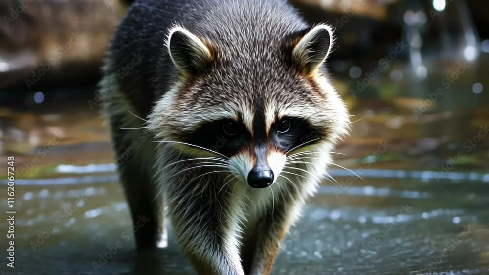 A raccoon wades in shallow water, holding a small object in its paws. A raccoon wades in shallow water, holding a small object in its paws.