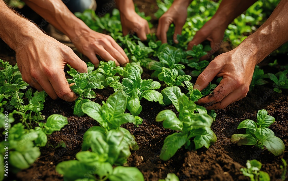 A nurturing scene of hands planting young seedlings in rich, healthy soil, illuminated by soft sunlight, symbolizing growth, nature, and a sustainable future A nurturing scene of hands planting young seedlings in rich, healthy soil, illuminated by soft sunlight, symbolizing growth, nature, and a sustainable future