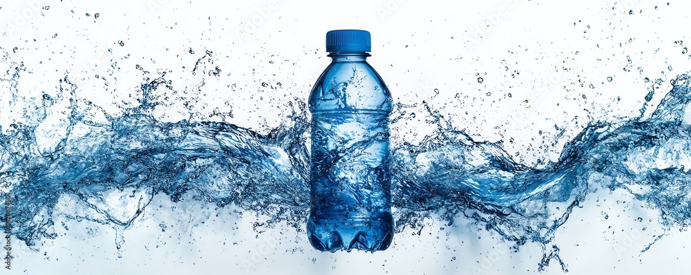 A plastic water bottle with a blue cap, water splashes exploding around it, isolated on a white background, representing hydration and vitality A plastic water bottle with a blue cap, water splashes exploding around it, isolated on a white background, representing hydration and vitality
