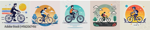 Vector collection of a person cycling happily