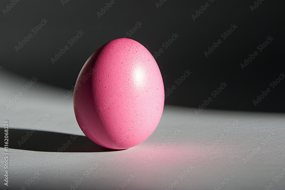 Bright pink egg standing on a gray surface casting a stark shadow under soft lighting Bright pink egg standing on a gray surface casting a stark shadow under soft lighting