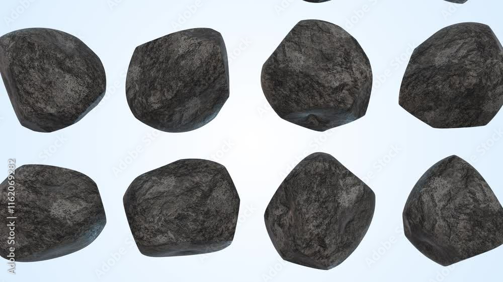 Rocks Falling on a Light Blue Background. Dark Stones 3D Animation. 4K Rocks Falling on a Light Blue Background. Dark Stones 3D Animation. 4K