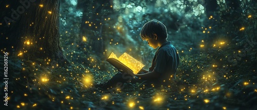 A young boy sits under towering trees, reading a radiant magical book as fireflies create an enchanting glow in the dark forest photo