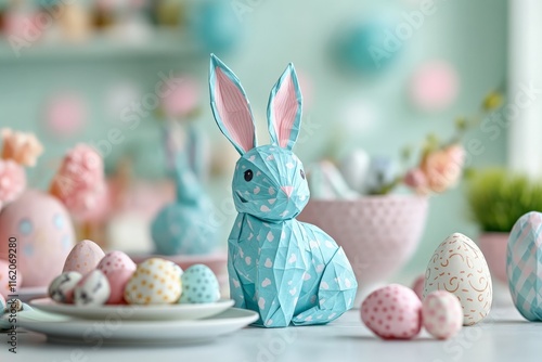 Colorful origami bunny centerpiece surrounded by decorated eggs at a festive Easter gathering photo