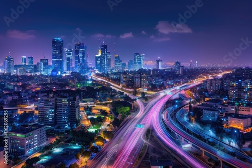Panorama Of Tel Aviv City And Ayalon Freeway At Night   View of Tel Aviv at night.