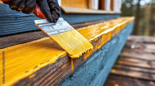 Close-up of hand painting yellow paint on wooden surface. photo