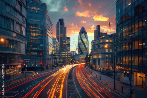 Sunset at the City of London  England  with traffic light trails and illuminated skyscrapers