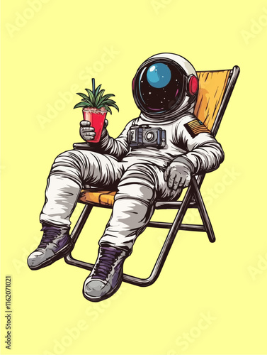 Illustration of astronaut relax on beach chair holding tropical juice. Summer vacation and adventure concept. T-shirt design template. Clothing design.