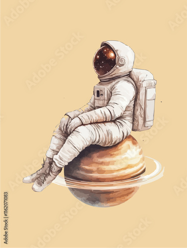 Astronaut sitting on a planet with a reflective surface.